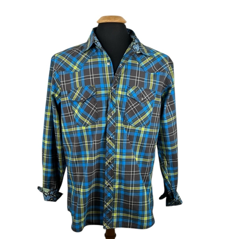 Wrangler 20X Men's Western Rodeo Blue Green Plaid Long Sleeve Black Snap Shirt L